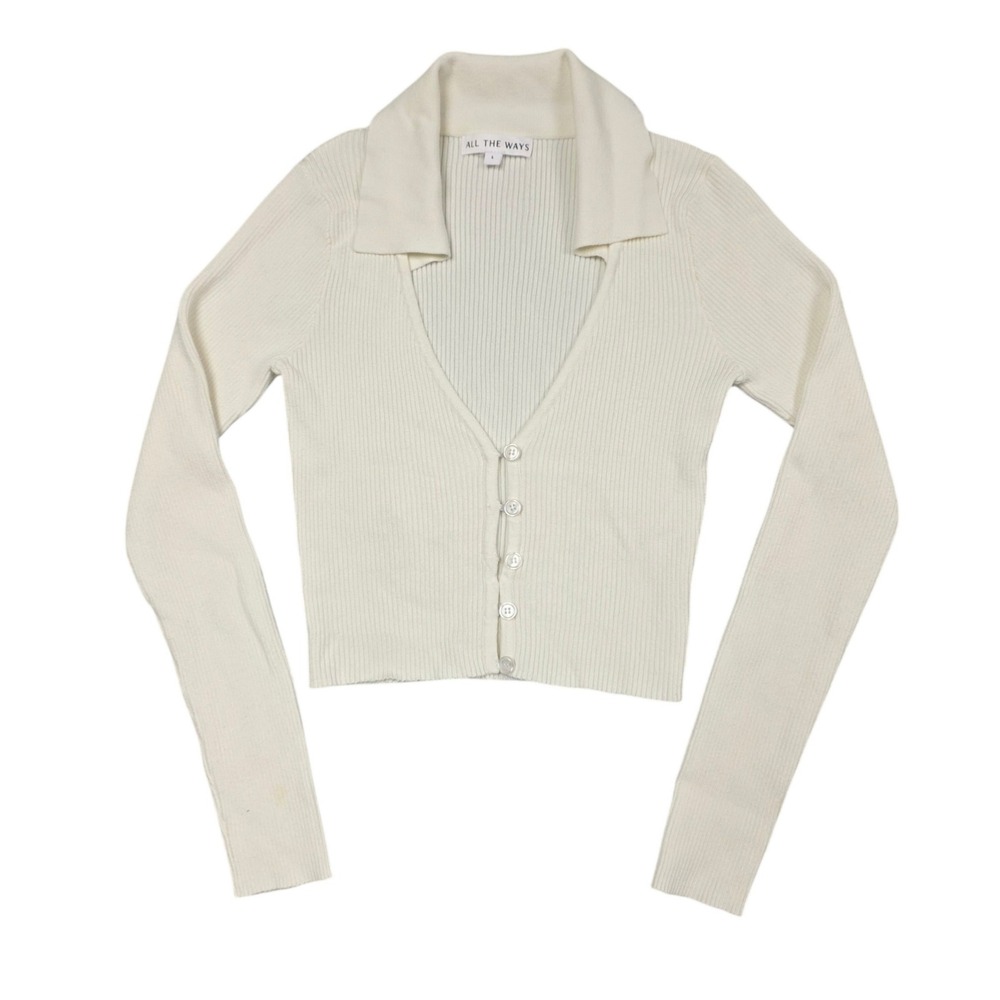 Revolve ALL THE WAYS Cardigan Women L Ivory Ribbed Knit V-Neck Minimalist Casual